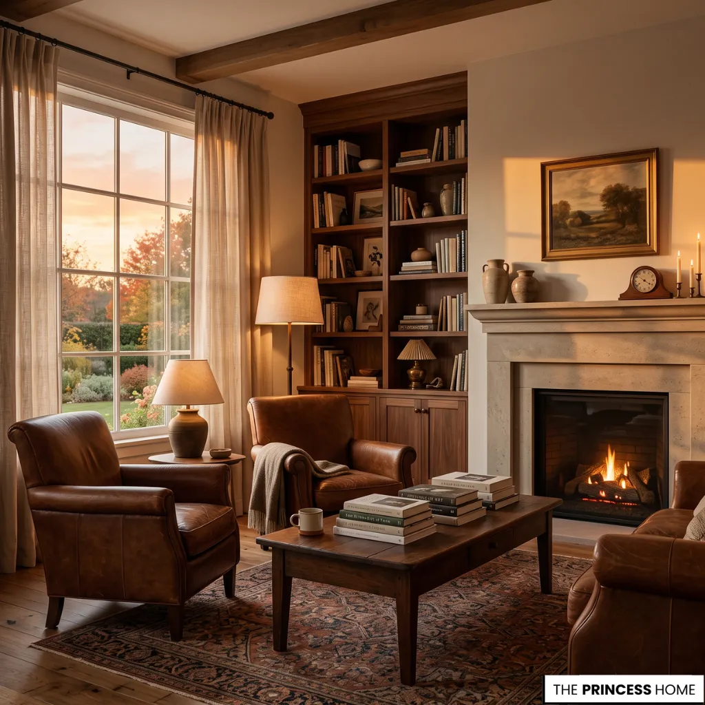 Timeless classic living room with leather furniture, warm wood, layered lighting, and elegant architectural features.