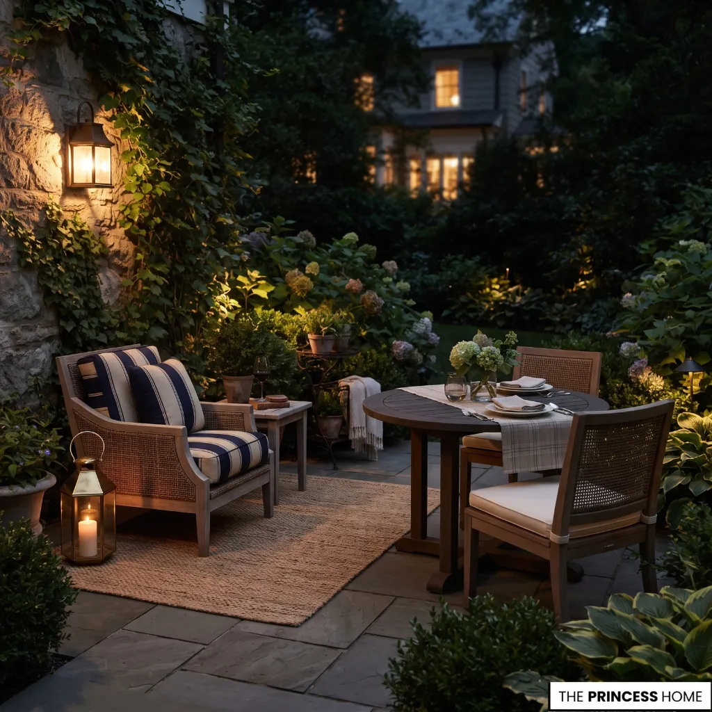 Compact outdoor seating area illuminated by several warm low-level light sources