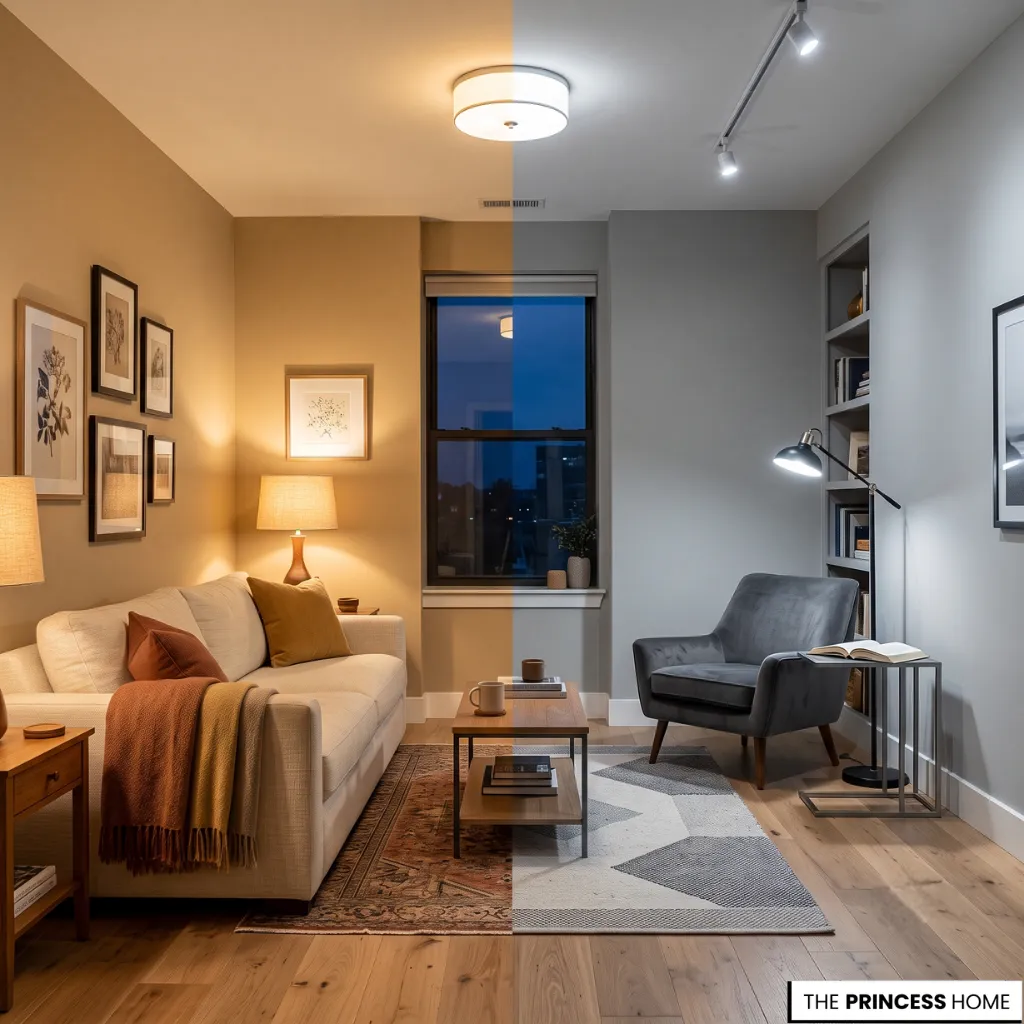 Comparison of warm and cool living room lighting with neutral furniture and modern decor.