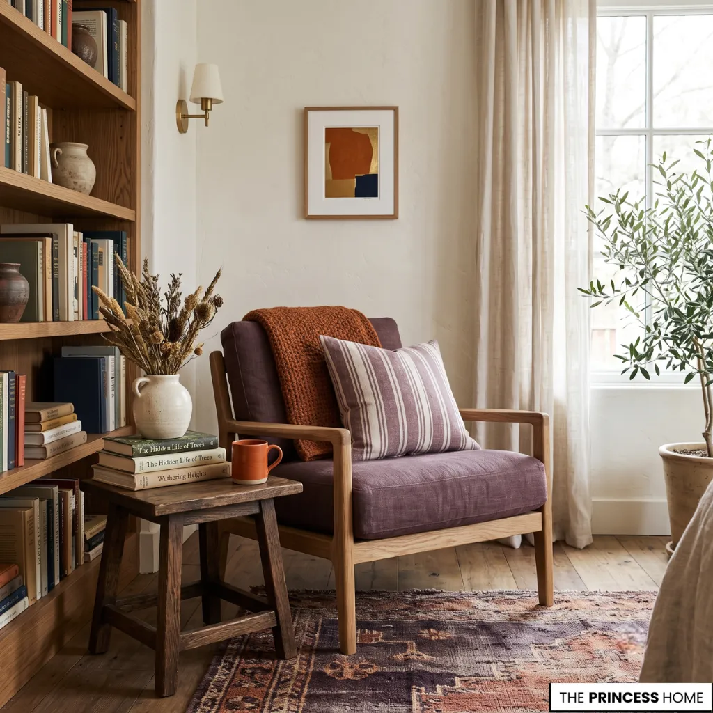 A luxurious reading corner using muted purple and warm orange tones to demonstrate how color and psychology influence the emotional atmosphere of an interior.