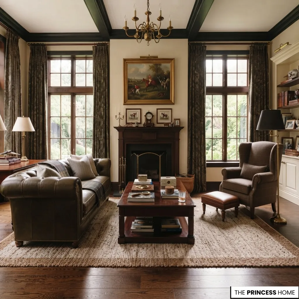 Ralph Lauren, classic style, equestrian, Chesterfield, fireplace, rustic, luxury, home library.