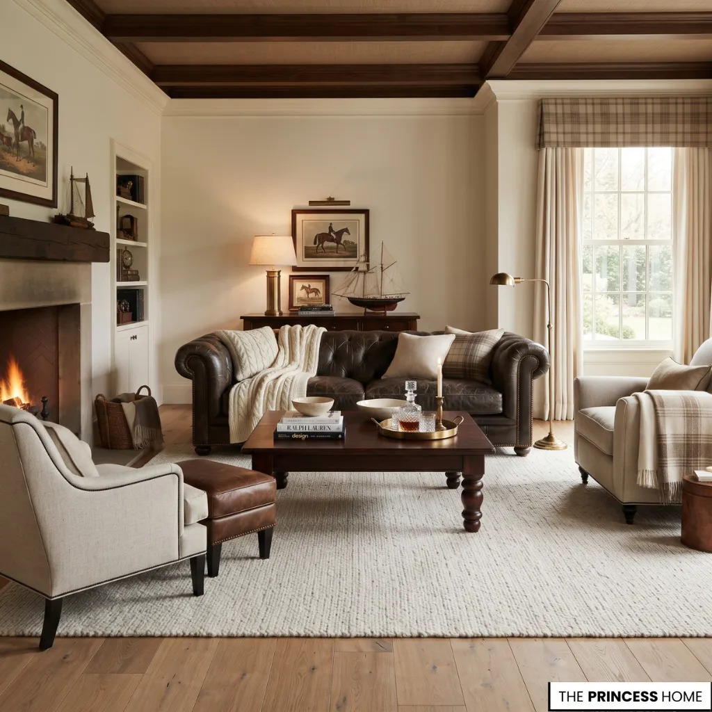 Living room balancing substantial dark furniture with lighter upholstery, open floor, and quieter surfaces.
