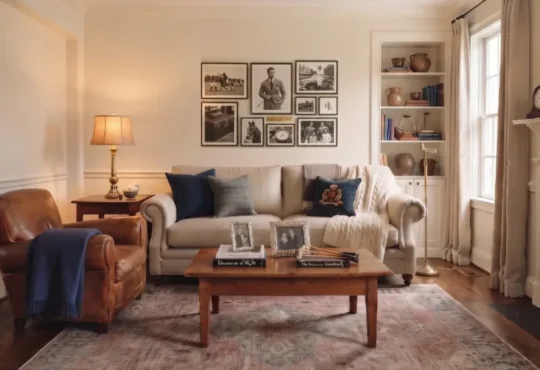Collected Ralph Lauren-inspired living interior with classic furniture, warm wood, leather, textiles, and layered lighting