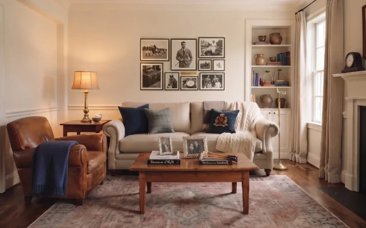 Collected Ralph Lauren-inspired living interior with classic furniture, warm wood, leather, textiles, and layered lighting