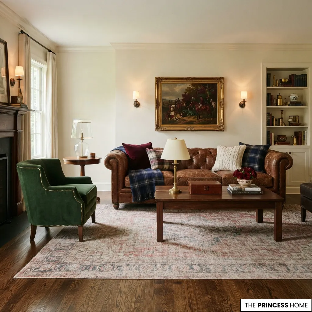 Living room using warm ivory, brown, deep green, and restrained burgundy accents in a controlled palette.