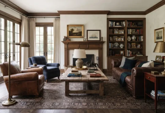 Timeless Americana interior with tailored furniture, warm wood, leather, layered textiles, and collected decor.