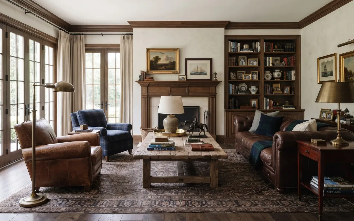 Timeless Americana interior with tailored furniture, warm wood, leather, layered textiles, and collected decor.