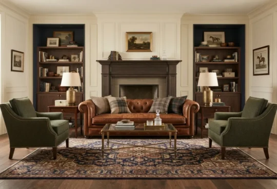 Symmetrical heritage living room with a leather sofa, fireplace, and warm lighting.