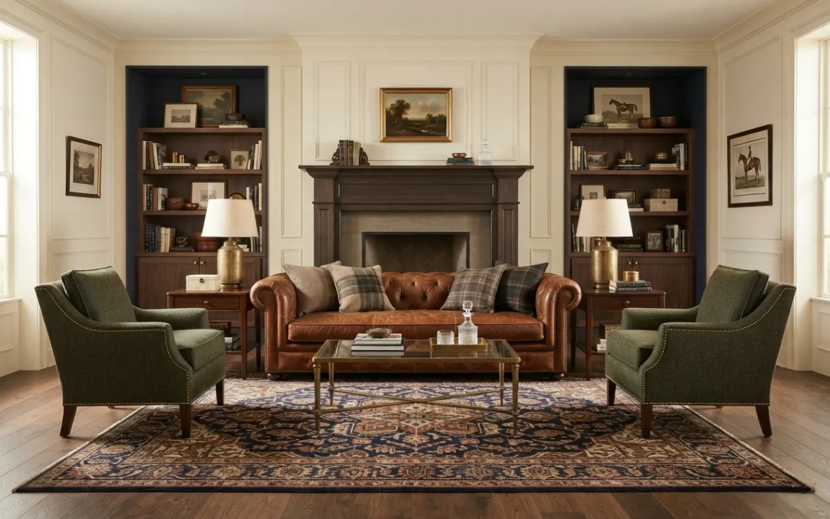 Symmetrical heritage living room with a leather sofa, fireplace, and warm lighting.