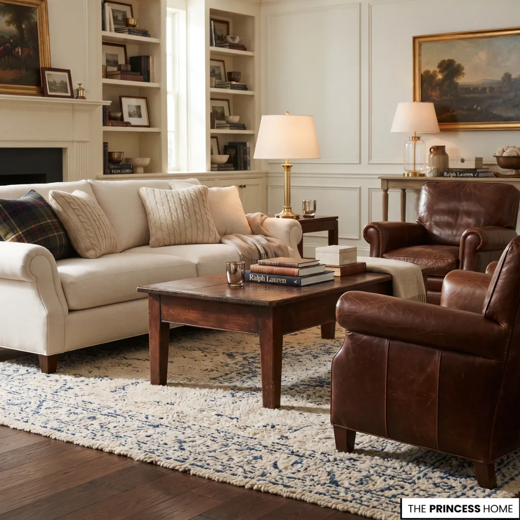 Living room combining leather, textured wool, linen, aged wood, and warm metal with quiet surfaces.