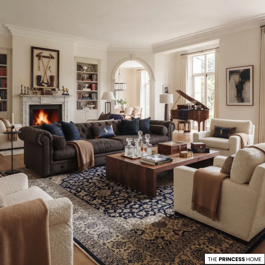 Ralph Lauren style living room with a dark tufted sofa, grand fireplace, coffee table, and piano.