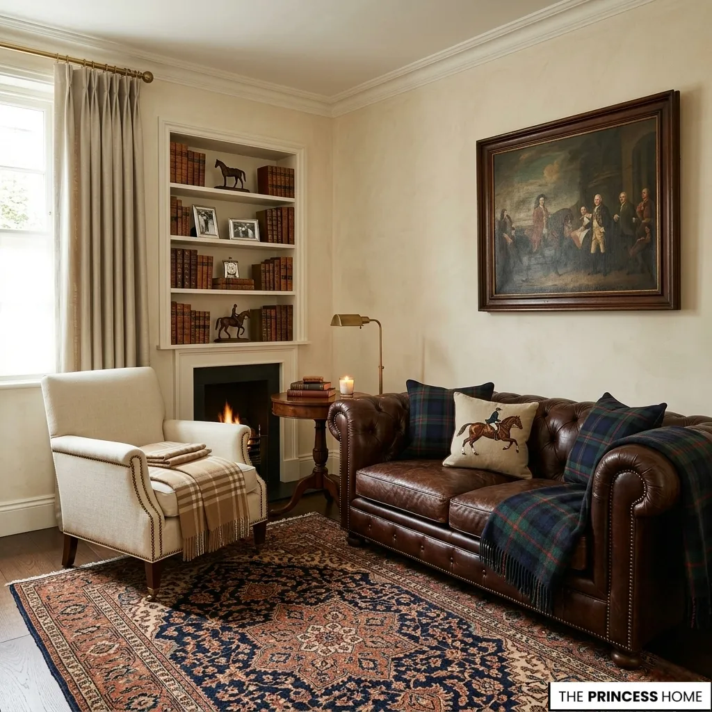 Ralph Lauren style living room featuring a tufted leather sofa, cream armchair, fireplace, and equestrian art.