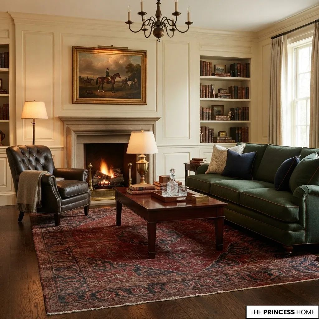 Ralph Lauren inspired living room combining tailored furniture, rich materials, controlled color, traditional pattern, and personal objects.