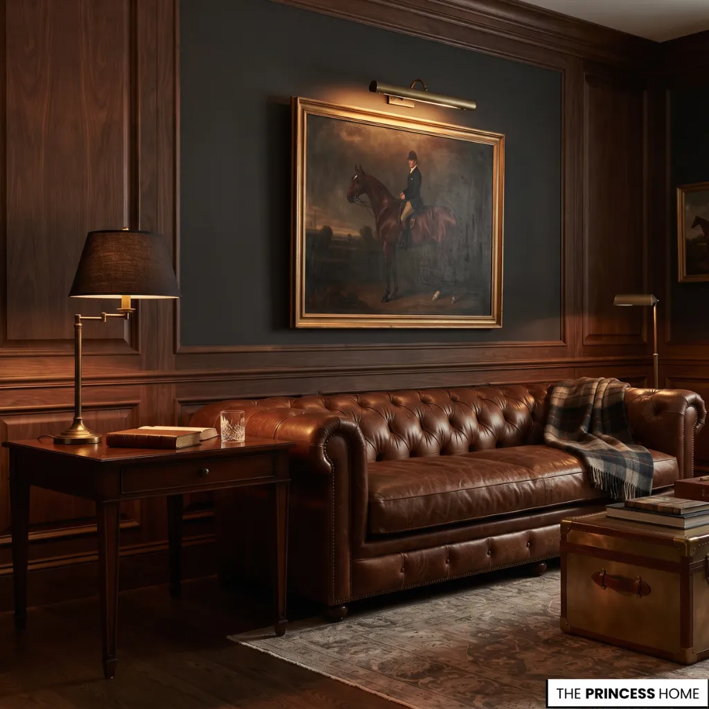 Ralph Lauren style study featuring a cognac leather Chesterfield sofa, dark wood paneling, and equestrian artwork.