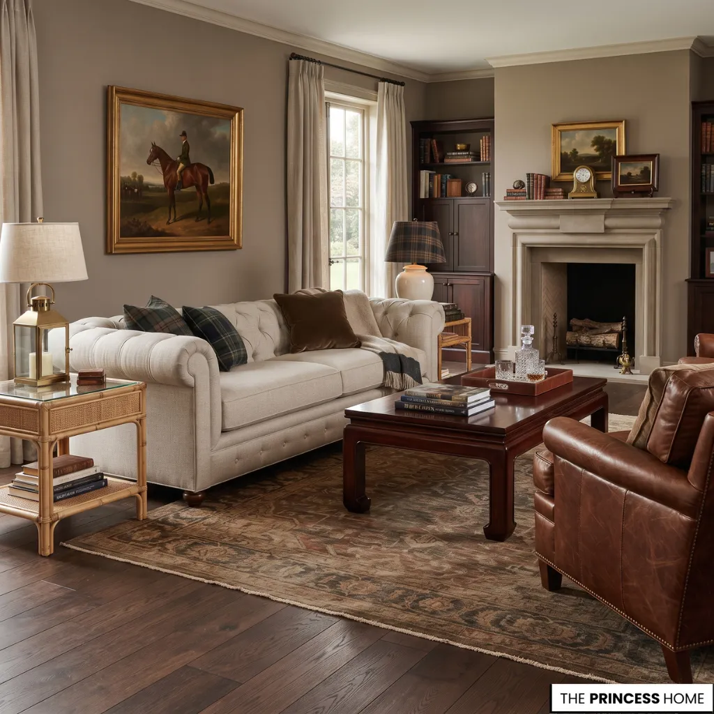 Living room with a substantial tailored sofa, contrasting upholstered chair, and rich wood table.IMAGE 5 PROMPT: