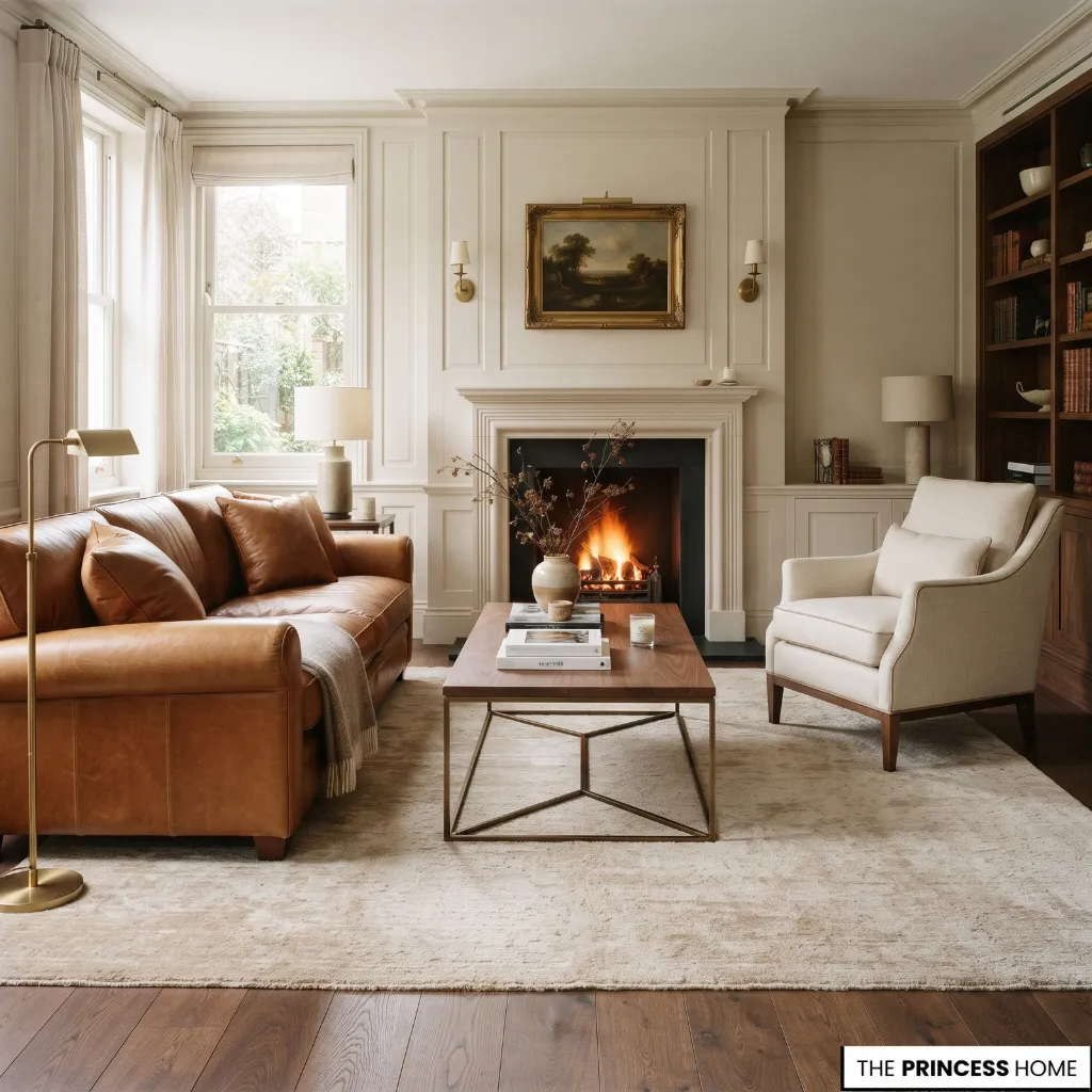 Broad leather sofa balanced by a lighter coffee table and an armchair in a classic living room.