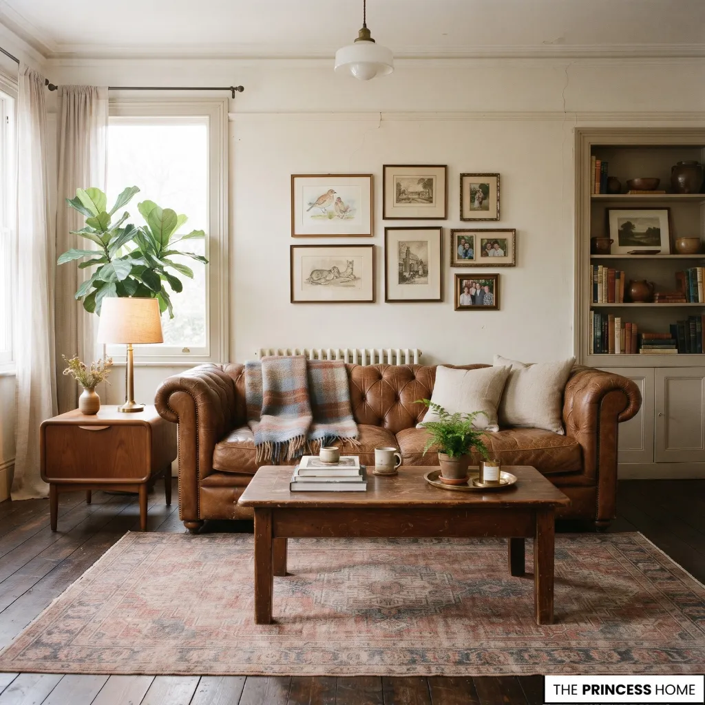 Classic living room combining a leather sofa with vintage wood furniture and a practical area rug.