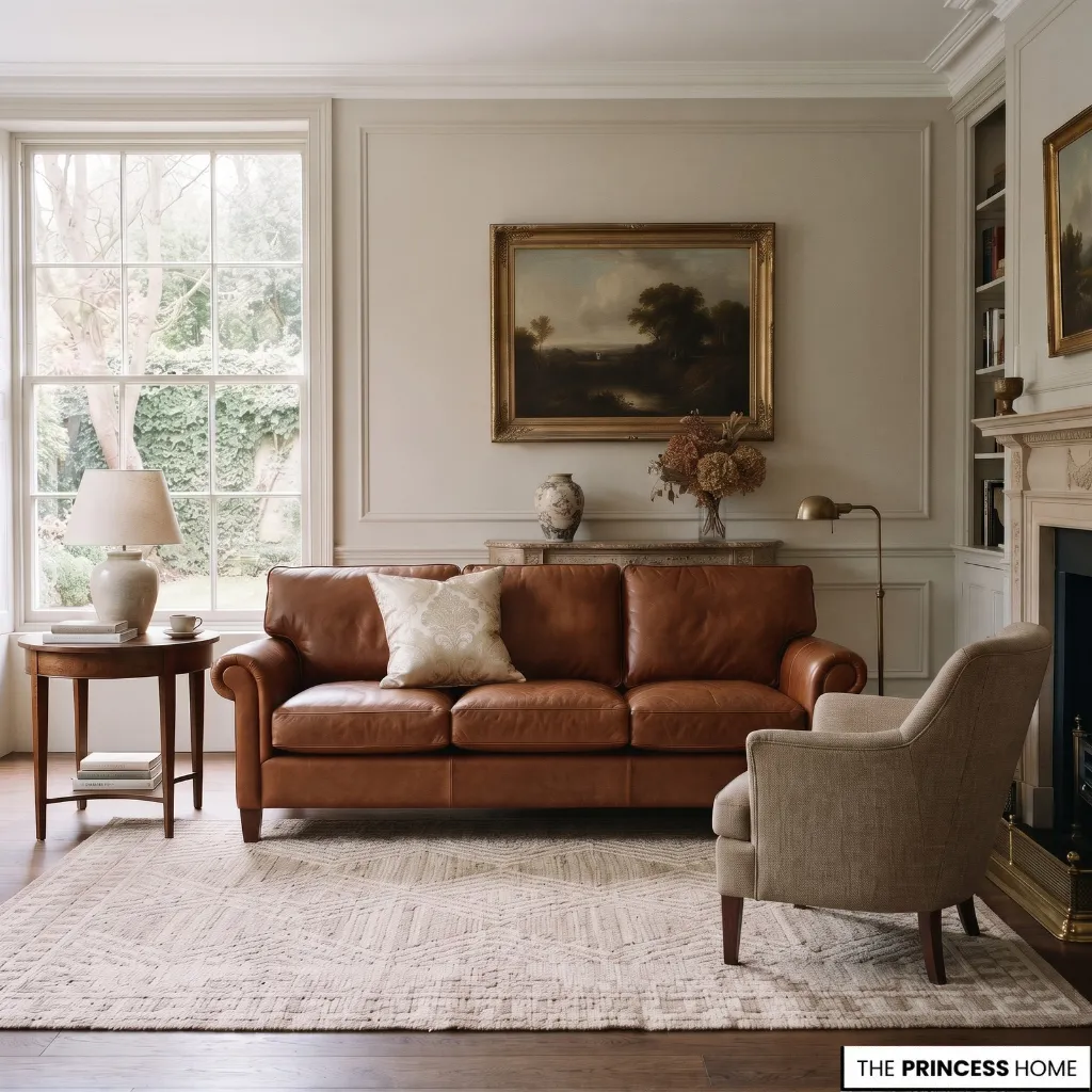 Cognac leather sofa with classic arms and a coordinating wooden side table.