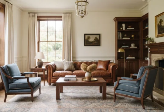 Classic living room with a cognac leather sofa, warm wood coffee table, cream walls and complementary textiles.