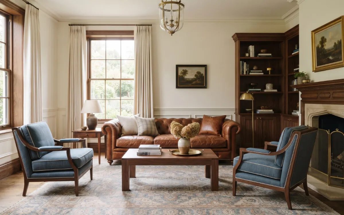 Classic living room with a cognac leather sofa, warm wood coffee table, cream walls and complementary textiles.