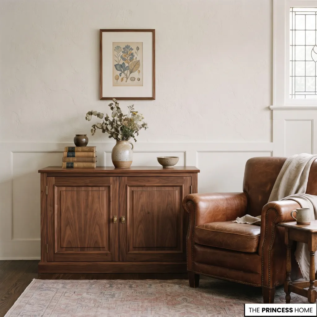 Warm wood cabinet with selected books, ceramics and framed artwork in a classic living room.