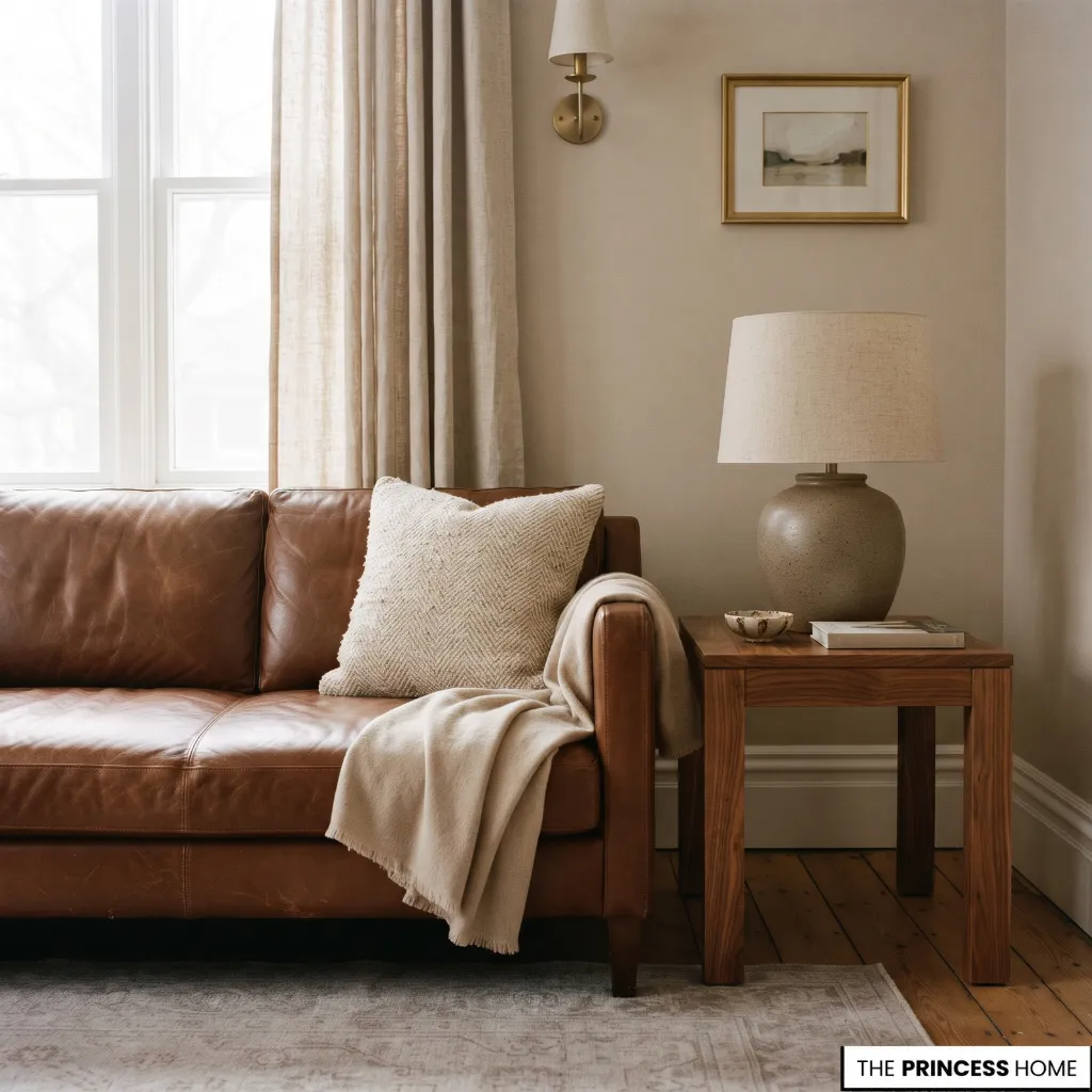 Brown leather seating with a wool throw, linen curtains, ceramic lamp and wood furniture.
