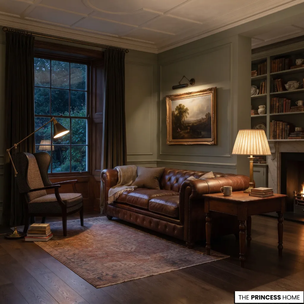 Classic living room with a table lamp beside a leather sofa and additional wall and floor lighting.