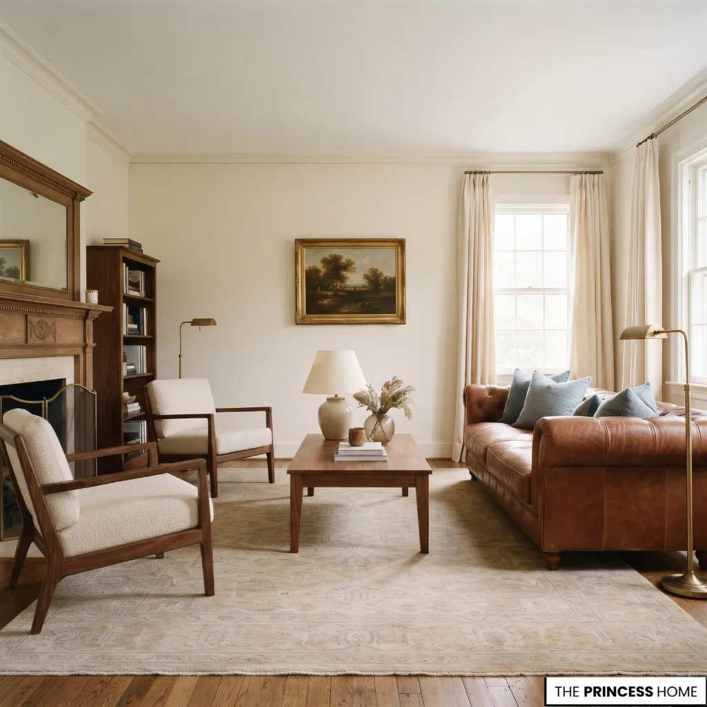 Cognac leather sofa and walnut furniture with cream walls and muted blue cushions.