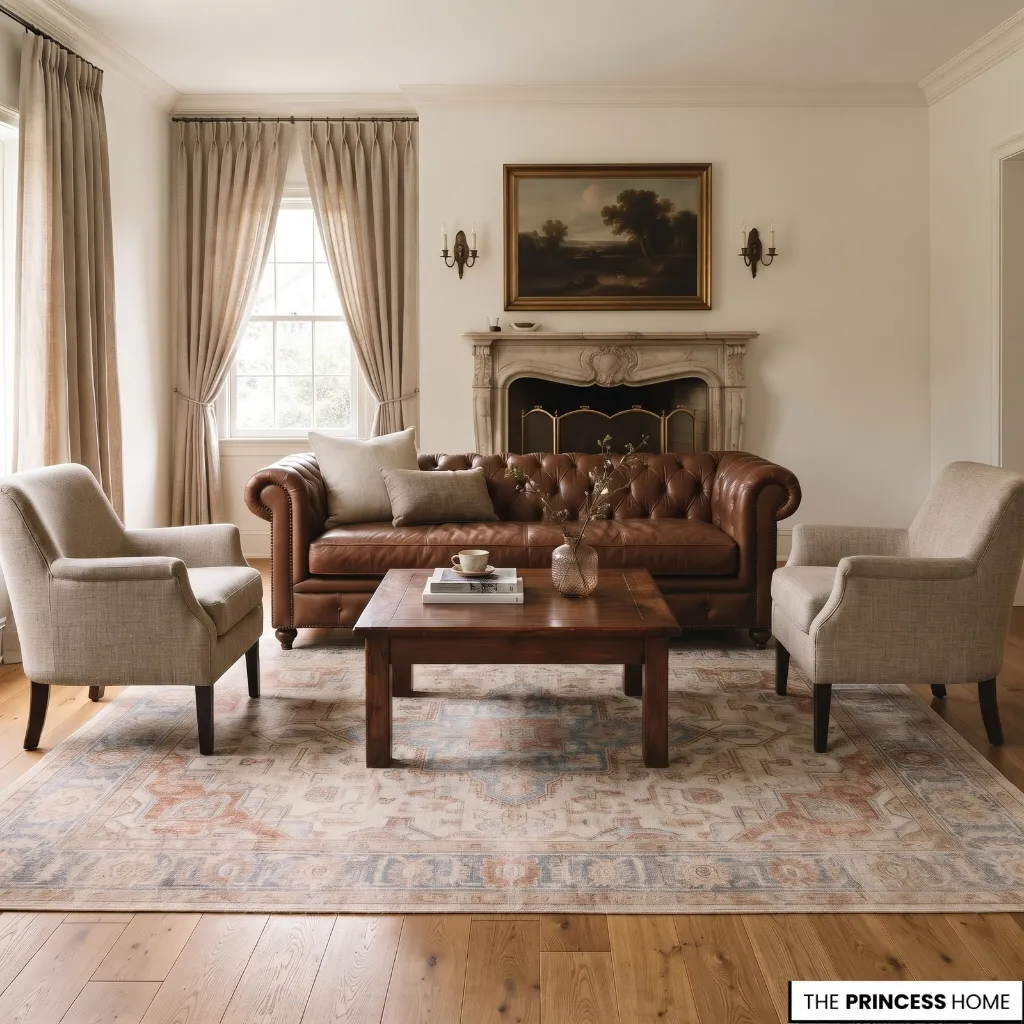 Classic leather seating arranged with the front legs of the sofa and armchairs on a patterned area rug.