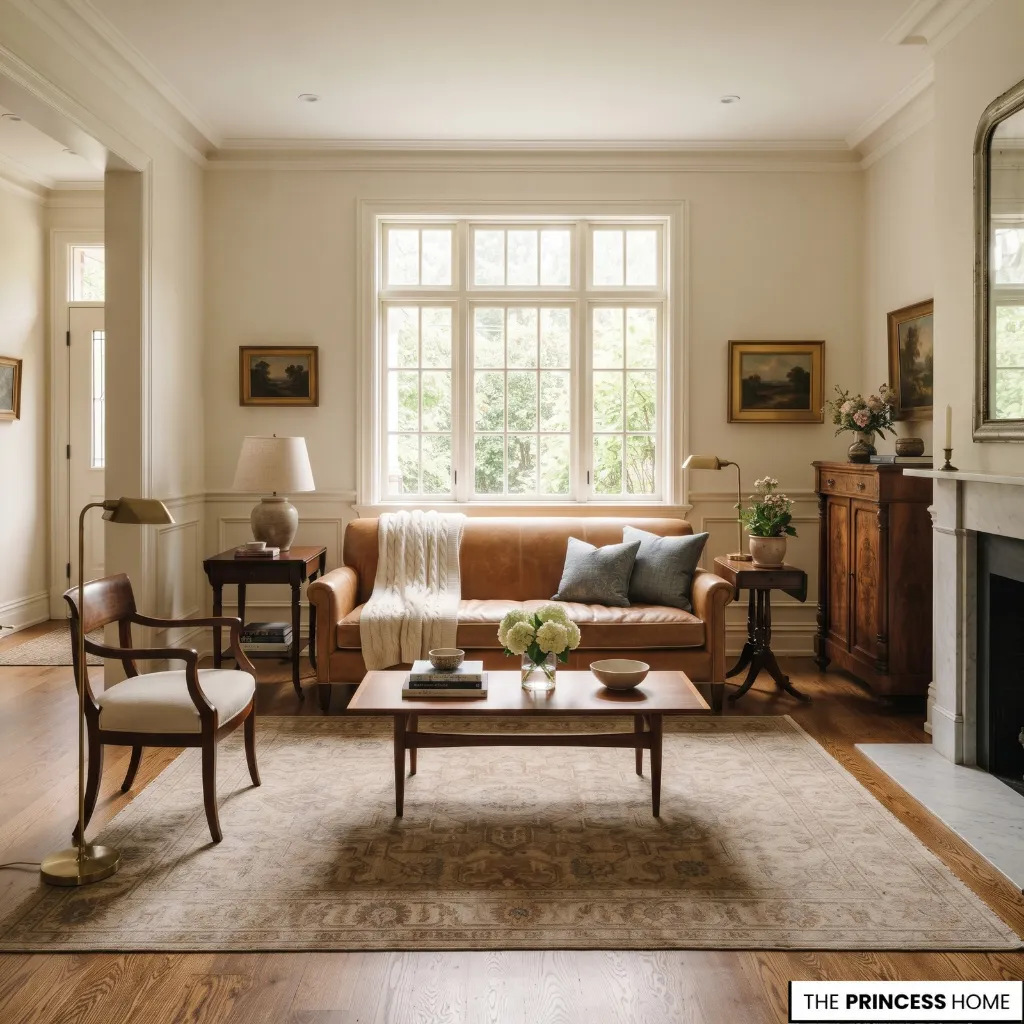Classic living room showing a leather sofa, window, wood furniture and clear walking space.