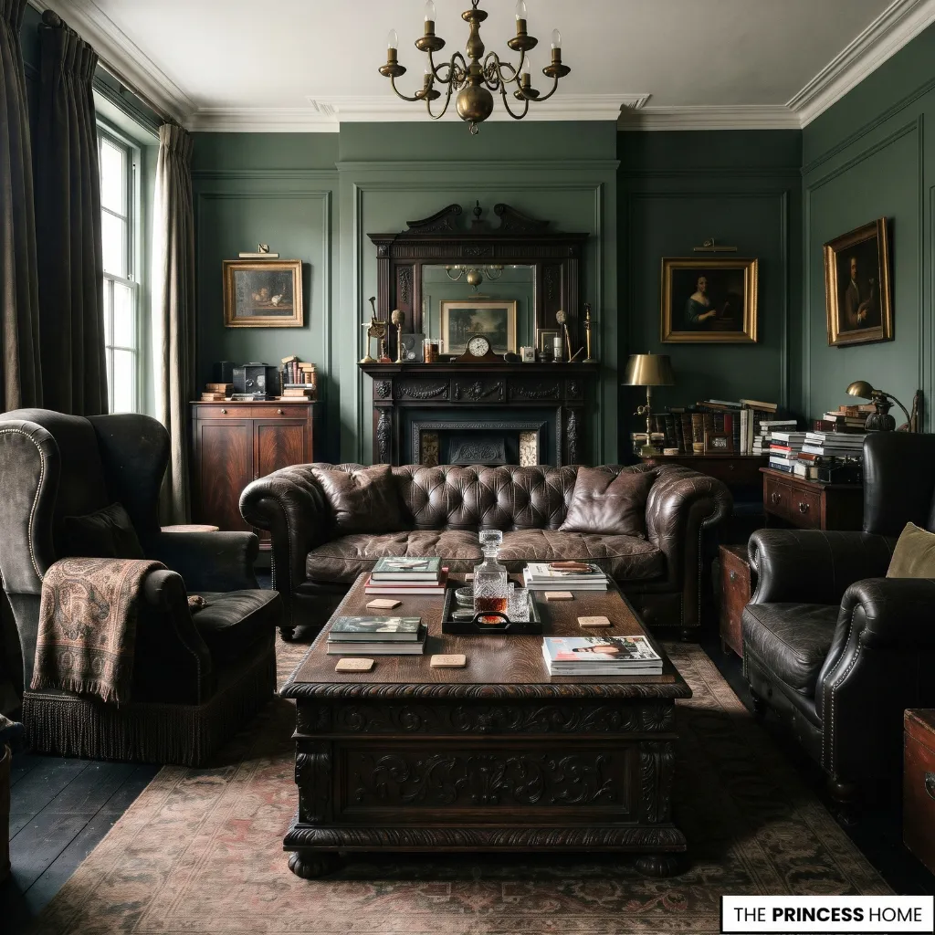 Overcrowded living room with bulky dark leather seating and heavy wood furniture restricting walking space.