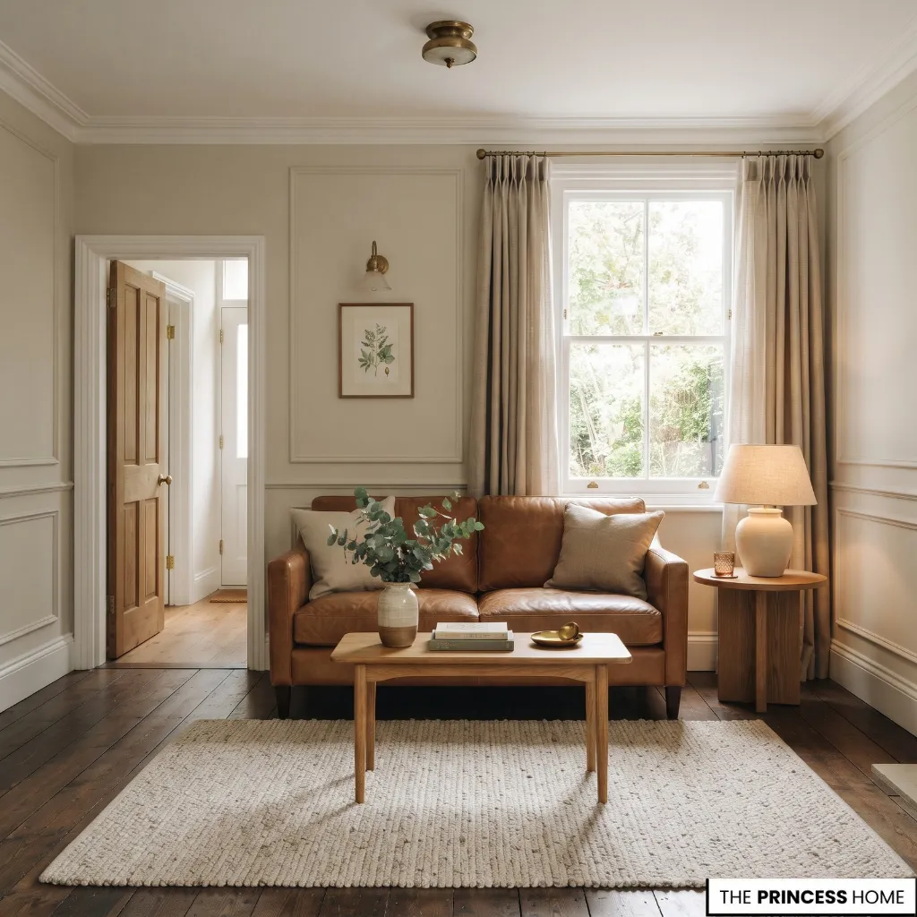Compact living room with a slim-frame leather sofa, small wooden coffee table and clear walkway.