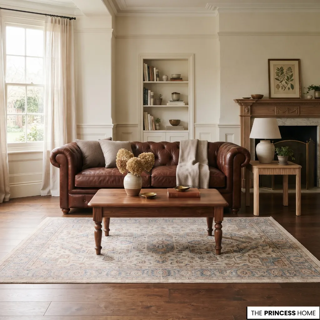 Walnut coffee table and lighter wood side table beside a brown leather sofa.