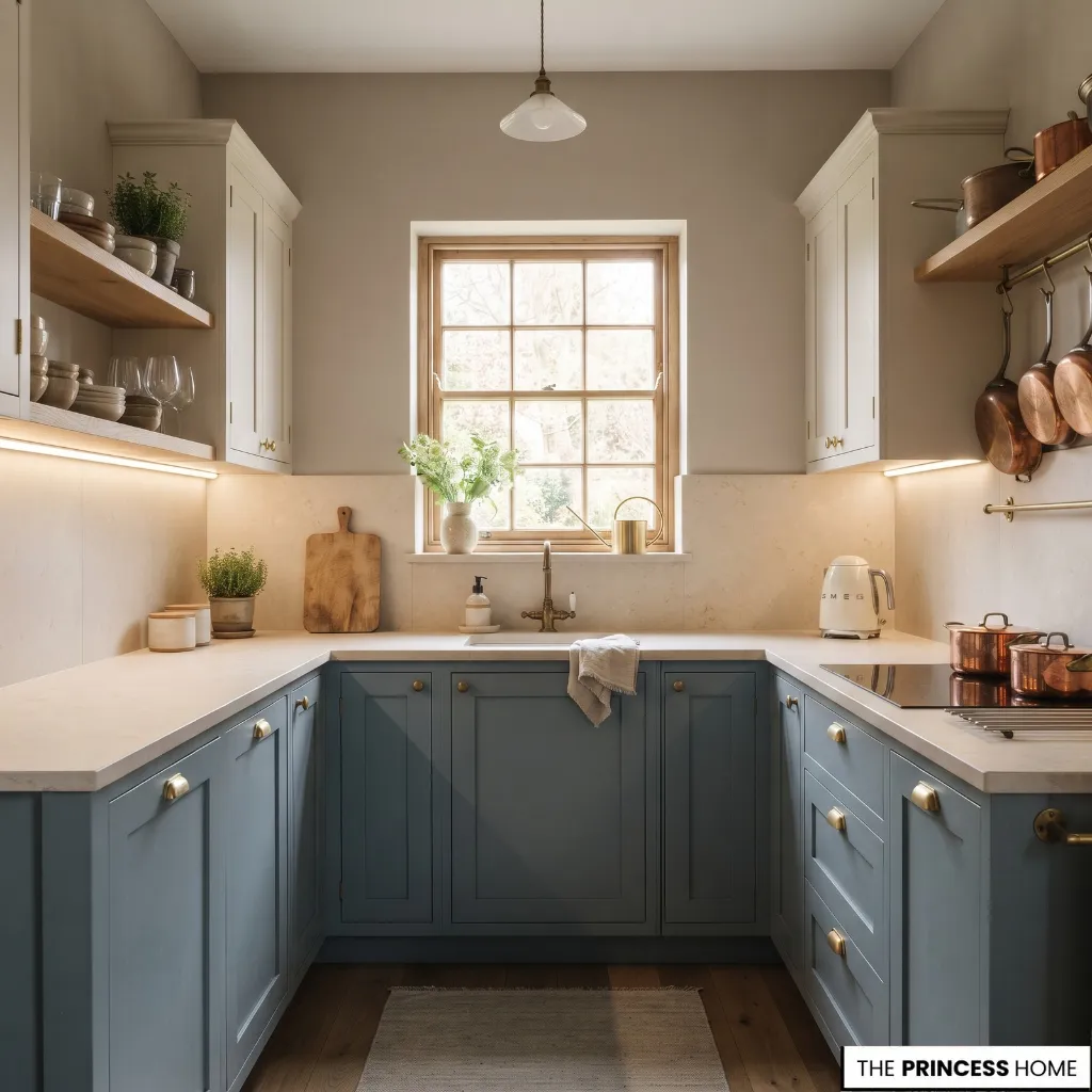 Compact residential kitchen with pale wood cabinetry, light stone surfaces, and carefully placed lighting.