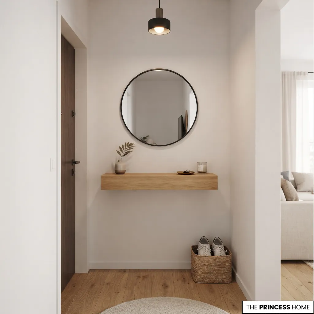 Compact entryway with a shallow console, mirror, and limited floor furniture.