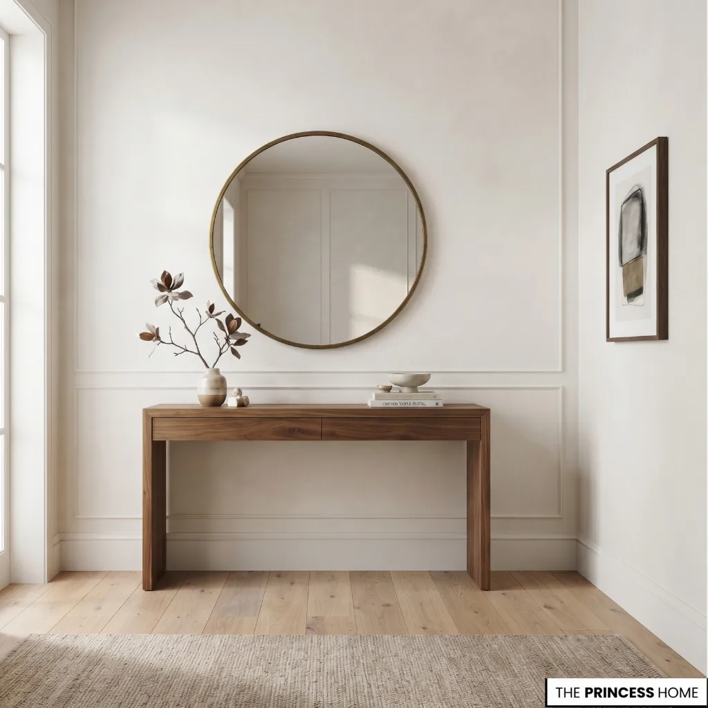 Entryway console with a round mirror and proportionate framed artwork.