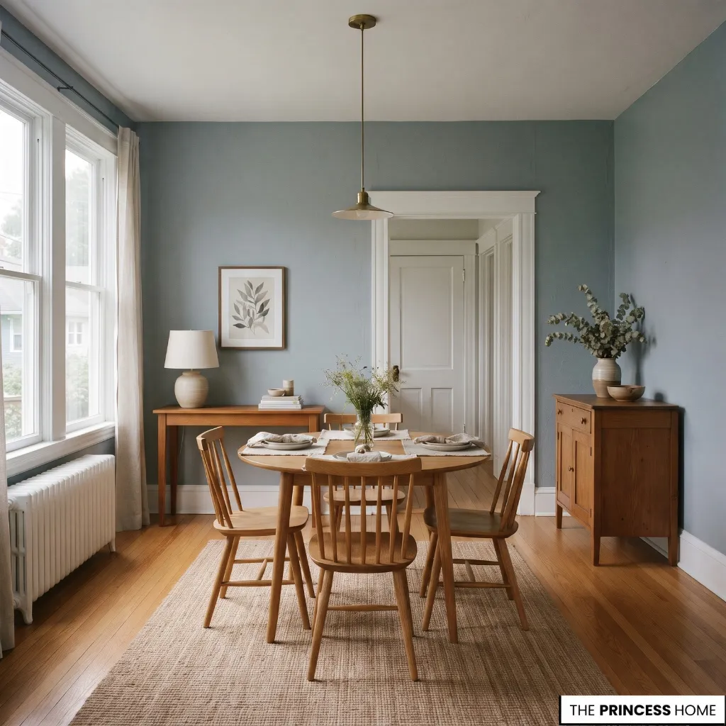Dining room showing its windows, doorway, wall dimensions, and existing furniture before redesign.