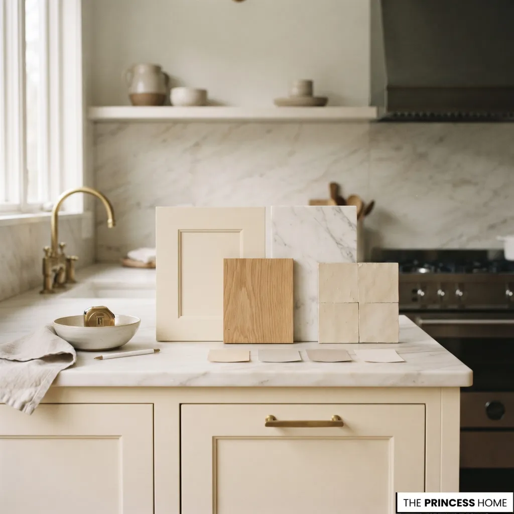 Kitchen finish samples showing cabinet colors, wood, countertop stone, and paint shades arranged for comparison.