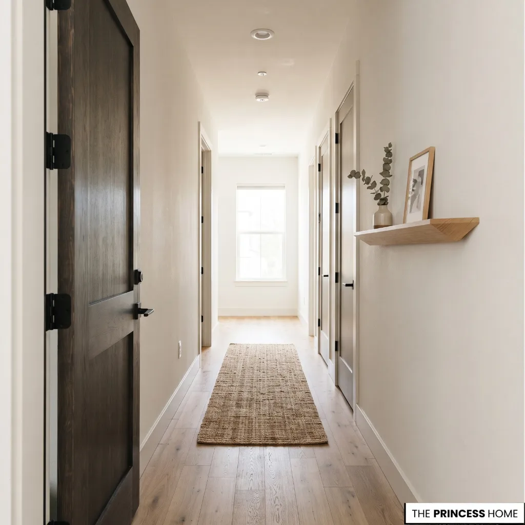 Narrow entry hallway with a front door, adjoining doors, and a runner rug.