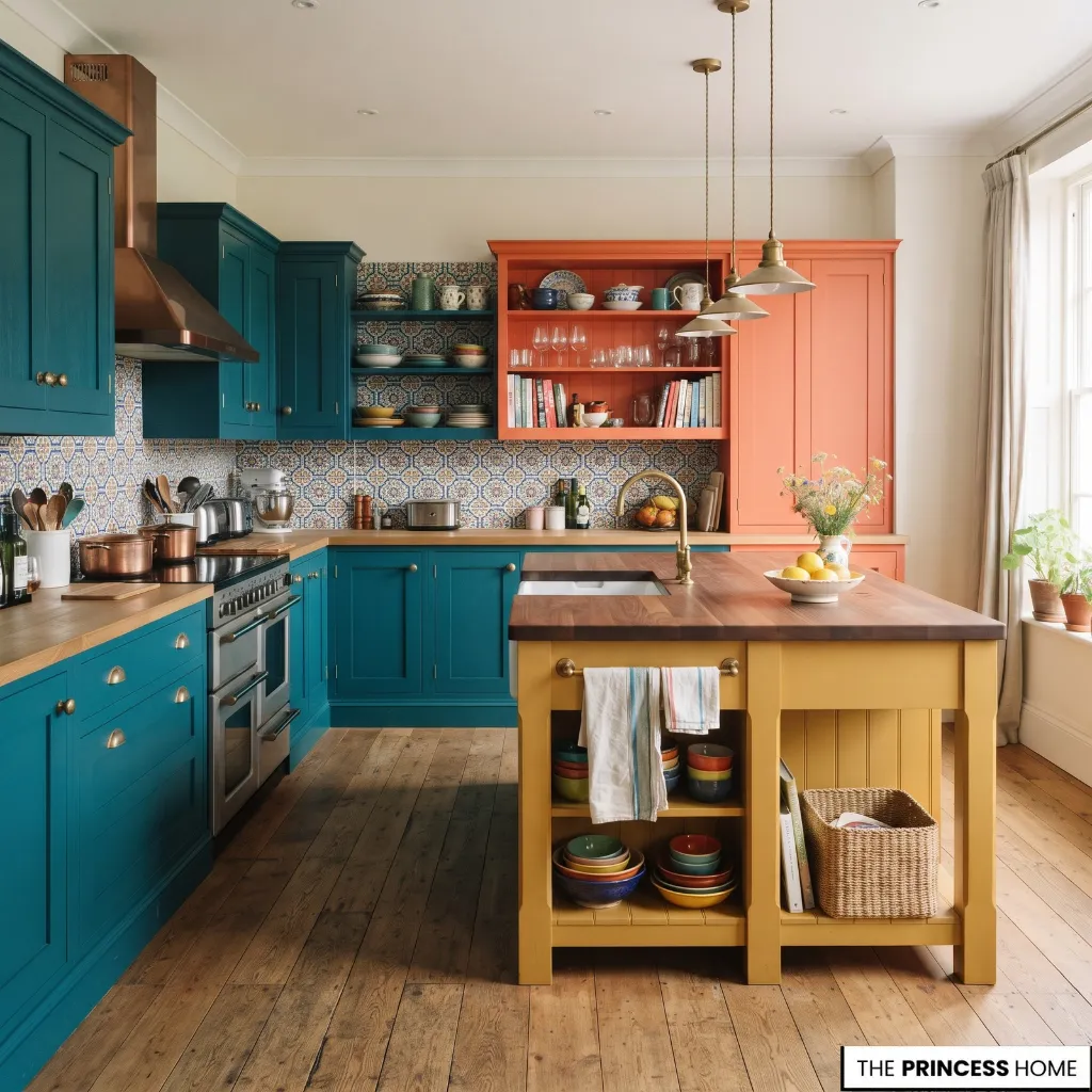 Kitchen with several strongly contrasting cabinet and wall colors competing with a patterned backsplash.