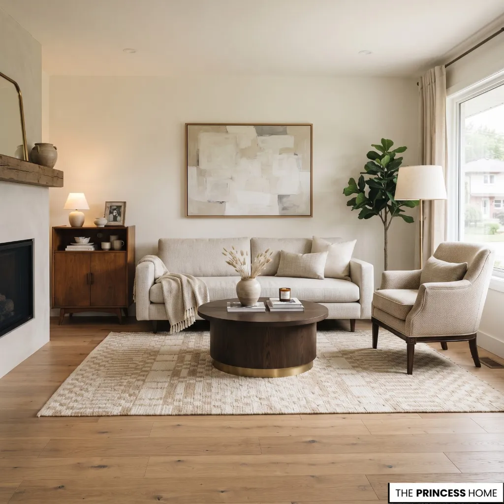 Contemporary living room with classic furniture and vintage accents arranged under one dominant direction