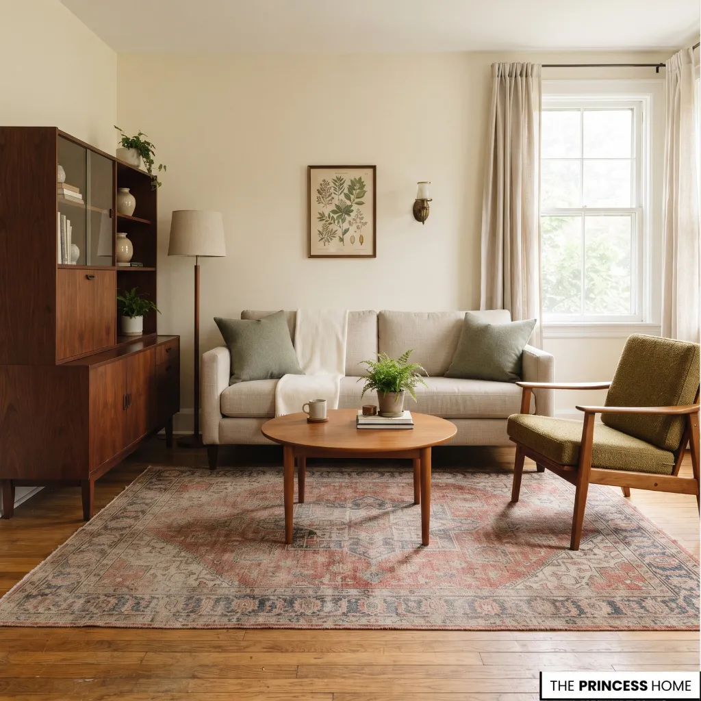 Vintage-inspired living room with coordinated furniture, restrained patterns, and clear walking space.