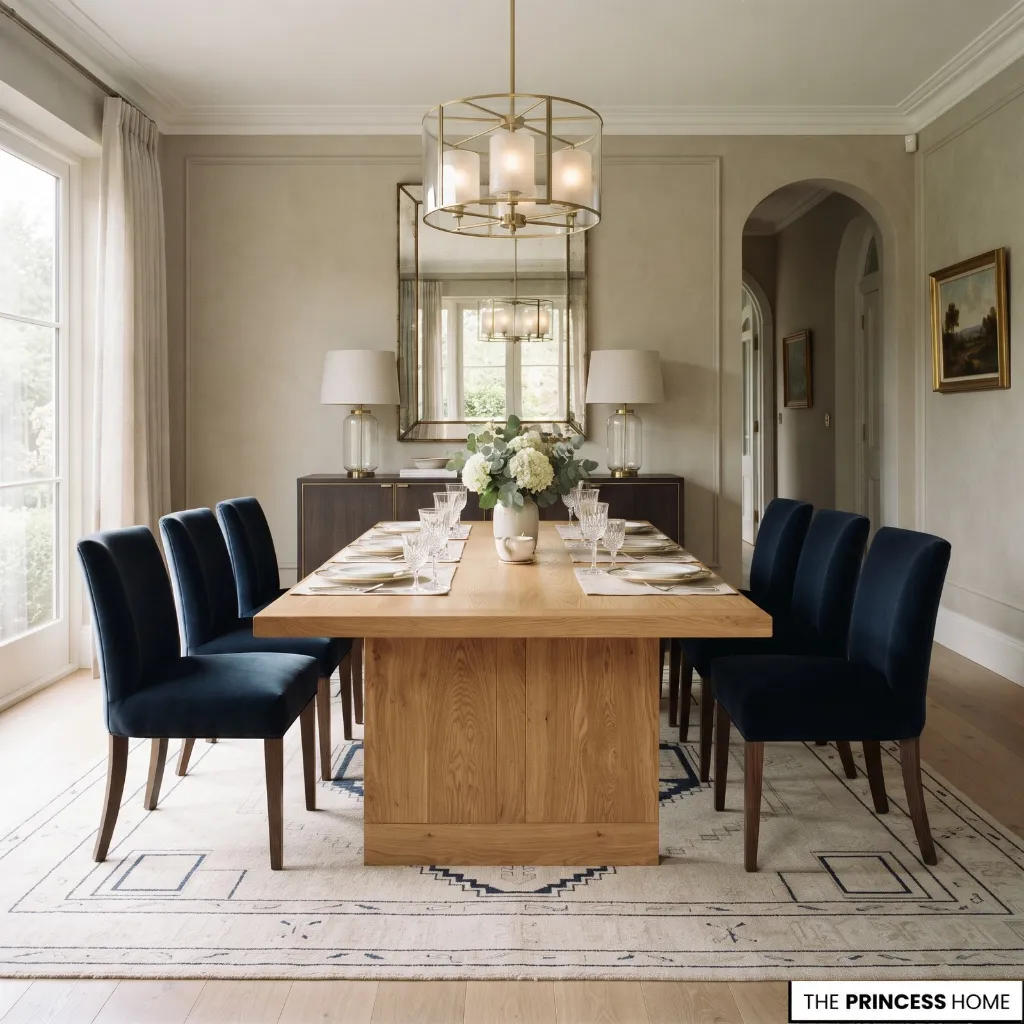 Deep blue upholstered dining chairs surrounding a warm wooden table.