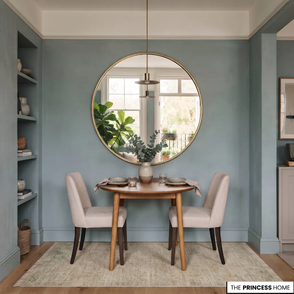 A cozy dining nook featuring soft blue walls, a round wooden table with two beige upholstered chairs,