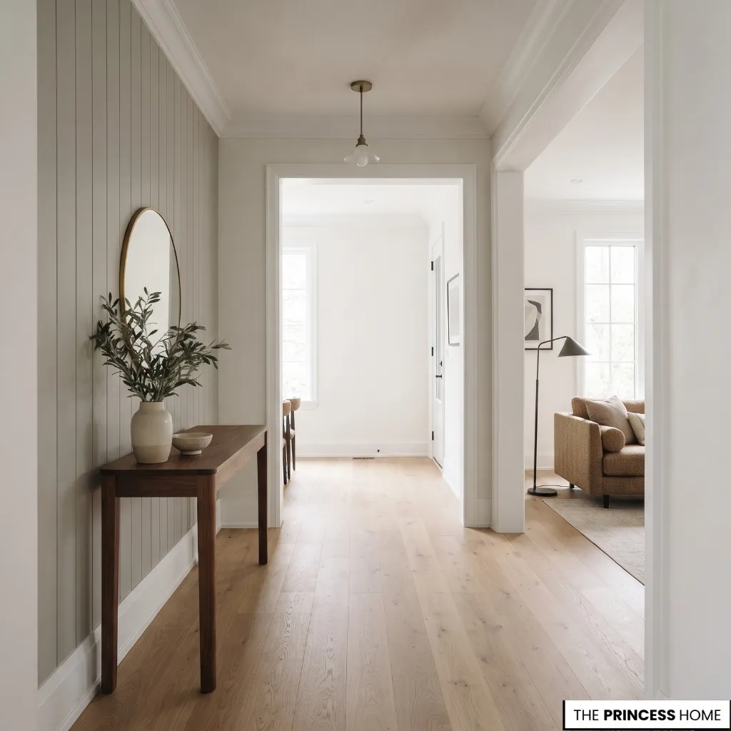 A bright hallway with light wood floors features a slim wooden console table