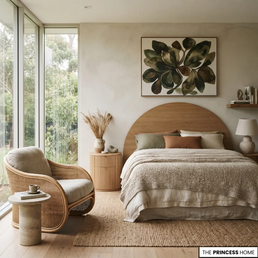 A bright, nature-inspired modern bedroom featuring a large arched wooden headboard, a woven rattan armchai