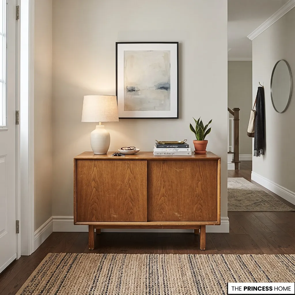 An existing console table refreshed with a simple lamp, framed artwork and a few restrained accessories.