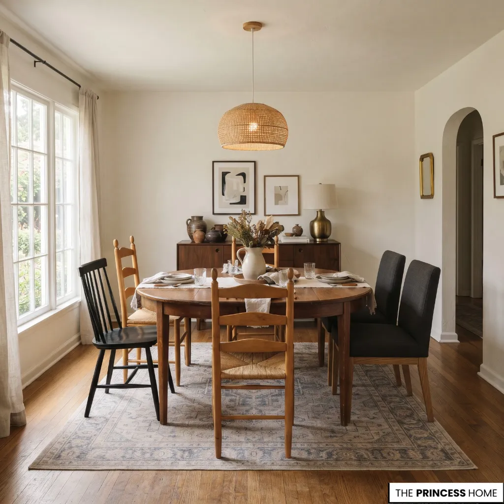 Dining room using a refinished wood table and complementary chairs in different finishes.