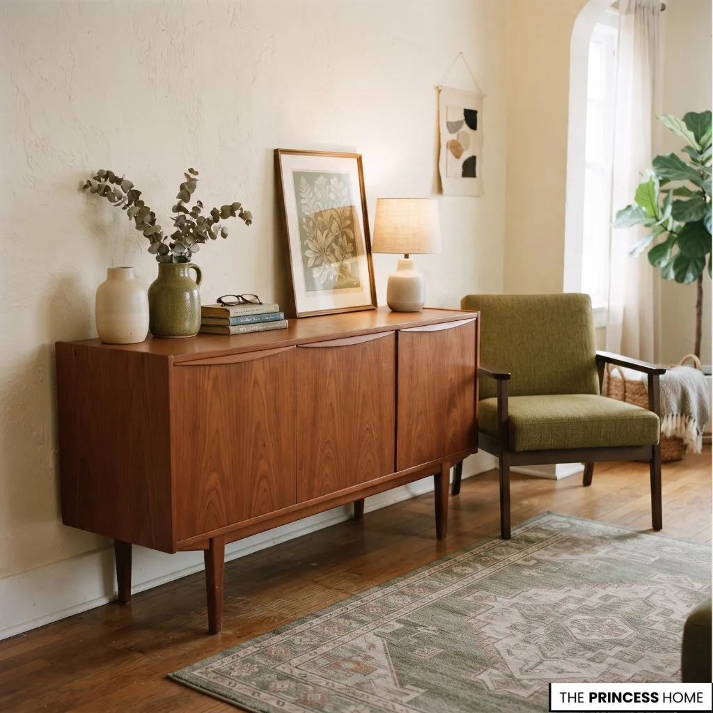 Secondhand wooden sideboard styled with framed artwork, ceramic vases, books, and a simple lamp.