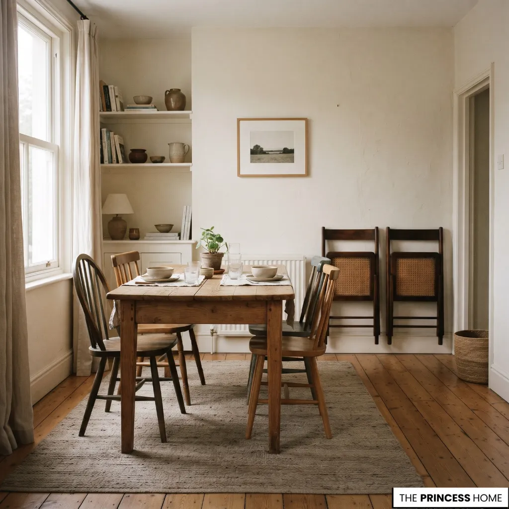 A modest dining room with an existing wooden table, everyday chairs, and folding chairs stored neatly away from the main walking route.